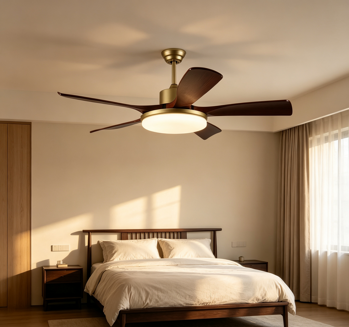 Solid Wood 5-Blade Gold Accent 60" DC Ceiling Fan with Light
